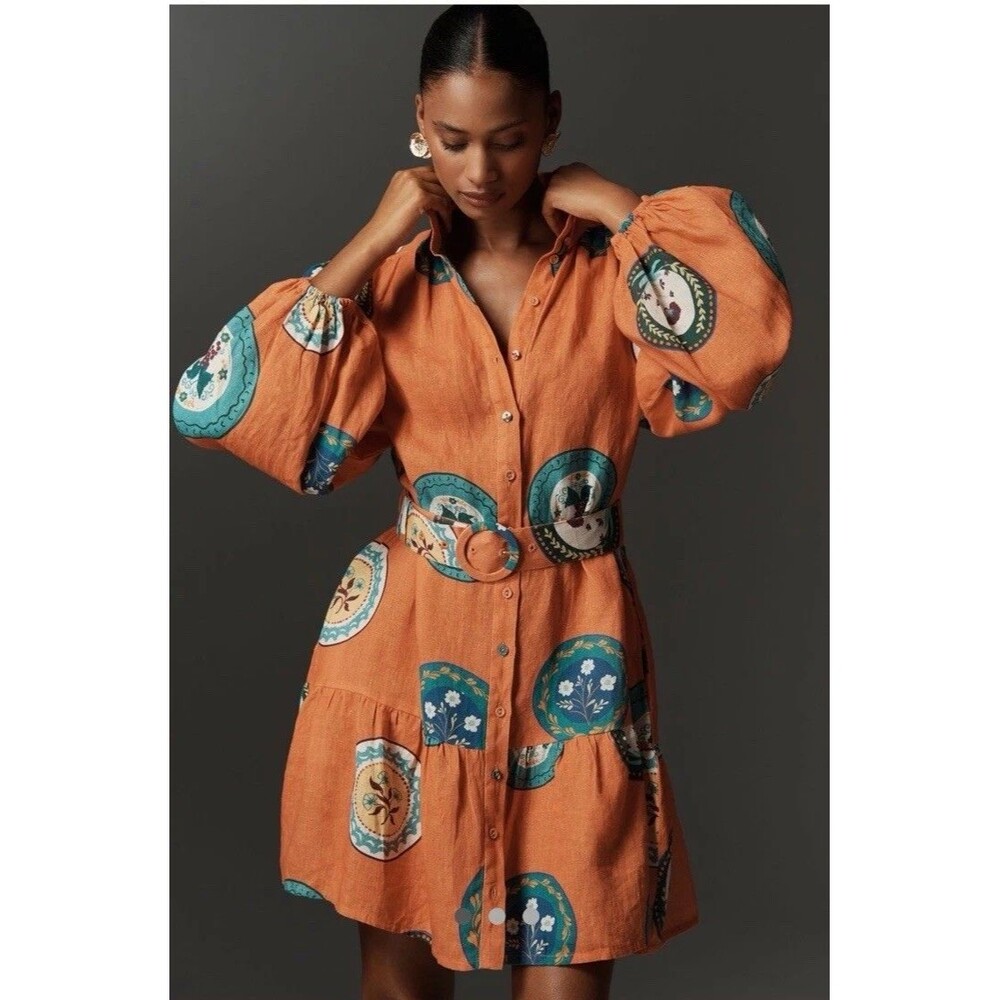 Anthropologie Palm Noosa Austin Long Sleeve Linen Shirt Dress Sz 6 Orange